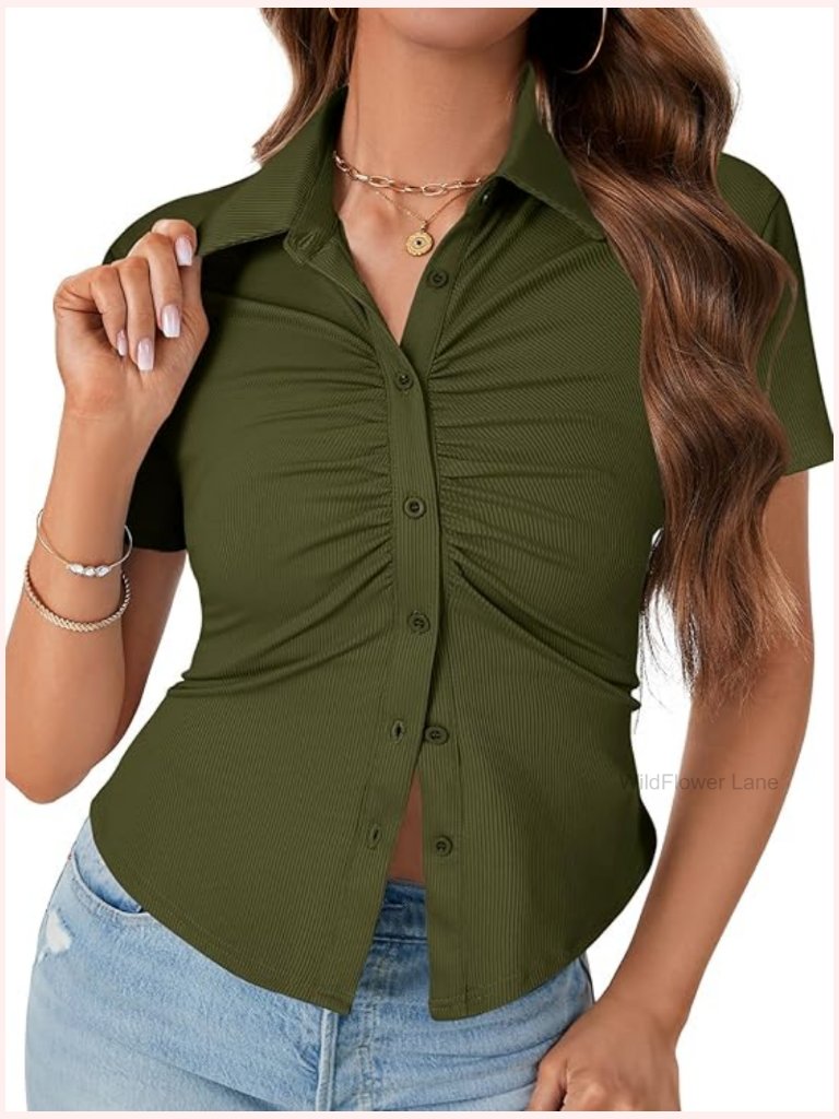 Collared V-Neck Button Slim Fitted Ribbed Knit Short Sleeve Blouse Top
